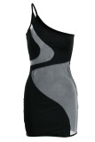 Light Blue Sexy Solid Patchwork See-through Oblique Collar Pencil Skirt Dresses