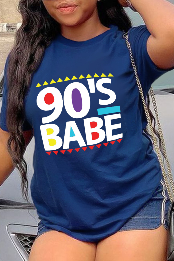 Navy Blue Fashion Street Print Letter O Neck T-Shirts