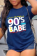Navy Blue Fashion Street Print Letter O Neck T-Shirts
