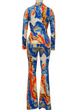 Blue Sexy Print Bandage Patchwork Turndown Collar Long Sleeve Two Pieces
