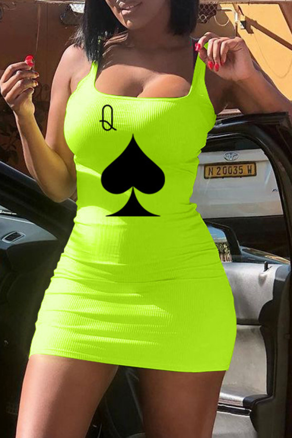 Fluorescent Green Fashion Sexy Print Basic Boat Neck Vest Dress