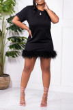 Black Fashion Casual Solid Patchwork Feathers O Neck Straight Dresses