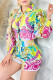 Yellow Fashion Vintage Print Patchwork Turndown Collar Long Sleeve Two Pieces