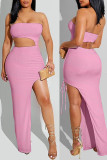 Pink Sexy Solid Hollowed Out Patchwork Slit Strapless Straight Dresses