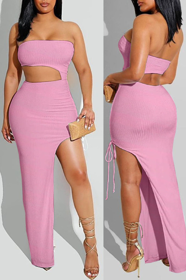 Pink Sexy Solid Hollowed Out Patchwork Slit Strapless Straight Dresses