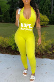 Pink Fashion Casual Letter Print Backless Halter Skinny Jumpsuits