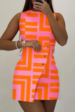 Pink Casual Print Patchwork Buttons O Neck One Step Skirt Dresses