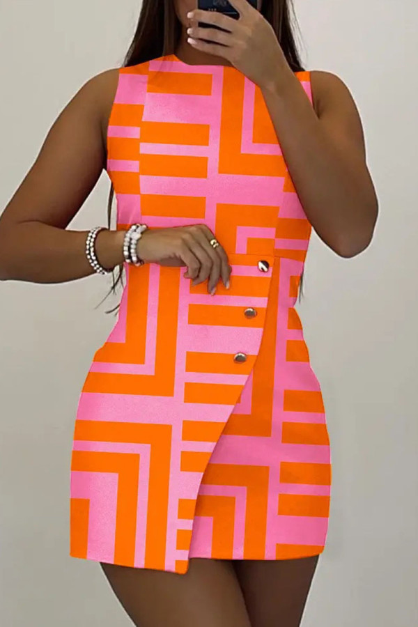 Pink Orange Casual Print Patchwork Buttons O Neck One Step Skirt Dresses