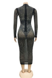 Apricot Fashion Sexy Patchwork Hot Drilling Hollowed Out See-through Half A Turtleneck Long Sleeve Dresses