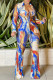 Blue Sexy Print Bandage Patchwork Turndown Collar Long Sleeve Two Pieces
