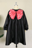 Black Fashion Casual Patchwork With Bow O Neck Long Sleeve Dresses