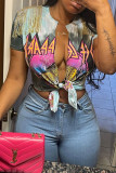 Red Blue Sexy Print Tassel Bandage Patchwork T-Shirts