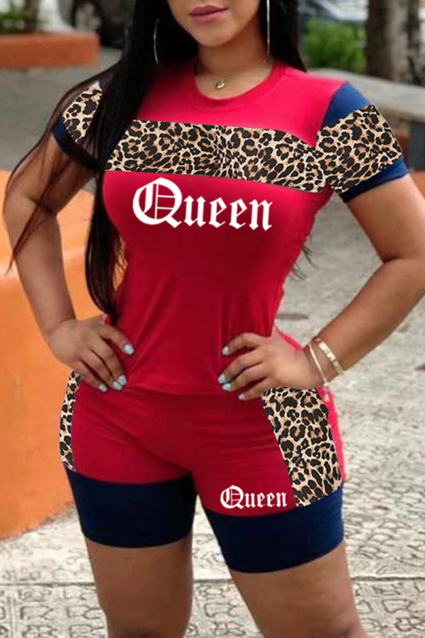Red Fashion Casual Letter Print Basic O Neck Short Sleeve Two Pieces