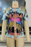 Red Blue Sexy Print Tassel Bandage Patchwork T-Shirts