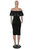Black Fashion Casual Solid Patchwork Backless Off the Shoulder Short Sleeve Dress