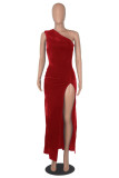 Red Fashion Sexy Solid Backless Slit Oblique Collar Sleeveless Dress