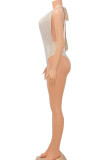 Apricot Sexy Solid Bandage Patchwork Backless Hot Drill Halter Regular Bodysuits