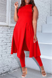 Red Fashion Casual Solid Slit O Neck Sleeveless Two Pieces