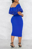 Blue Fashion Casual Solid Patchwork Backless Off the Shoulder Short Sleeve Dress