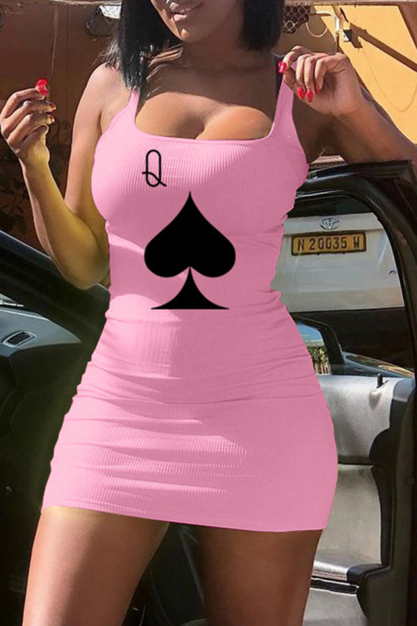 Pink Fashion Sexy Print Basic Boat Neck Vest Dress