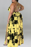 Yellow Sexy Print Patchwork Slit Spaghetti Strap Sling Dress Plus Size Dresses