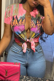 Red Blue Sexy Print Tassel Bandage Patchwork T-Shirts