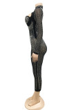 Black Fashion Sexy Patchwork Hot Drilling Hollowed Out See-through Half A Turtleneck Long Sleeve Dresses