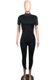 Black Casual Solid Patchwork Slit Beading Half A Turtleneck Short Sleeve Two Pieces