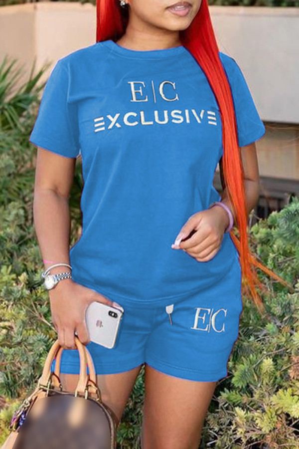 Blue Fashion Casual Letter Print Basic O Neck Short Sleeve Two Pieces