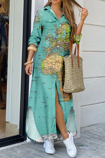 Turquoise Casual Print Patchwork Buckle Turndown Collar Shirt Dress Dresses