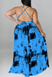 Blue Sexy Print Patchwork Slit Spaghetti Strap Sling Dress Plus Size Dresses