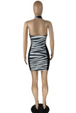Black And White Sexy Print Hollowed Out Patchwork See-through Halter Pencil Skirt Dresses