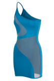 Light Blue Sexy Solid Patchwork See-through Oblique Collar Pencil Skirt Dresses