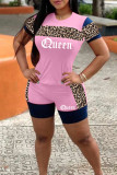 Pink Fashion Casual Letter Print Basic O Neck Short Sleeve Two Pieces