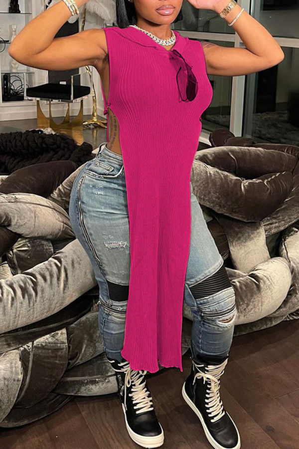 Rose Red Sexy Solid Hollowed Out Patchwork Slit Hooded Collar Straight Dresses