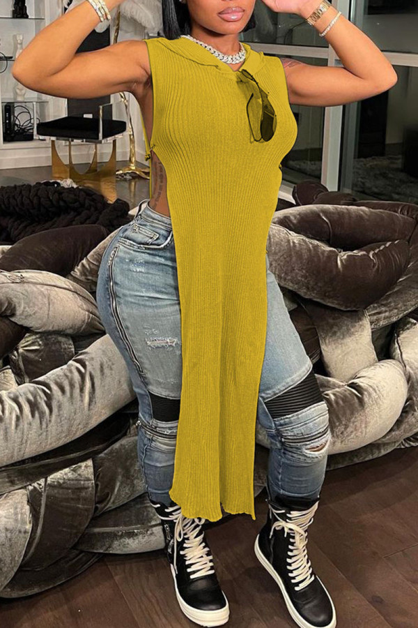 Yellow Sexy Solid Hollowed Out Patchwork Slit Hooded Collar Straight Dresses