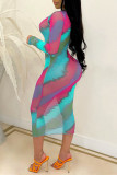 Blue Fashion Sexy Print Basic O Neck Long Sleeve Dresses