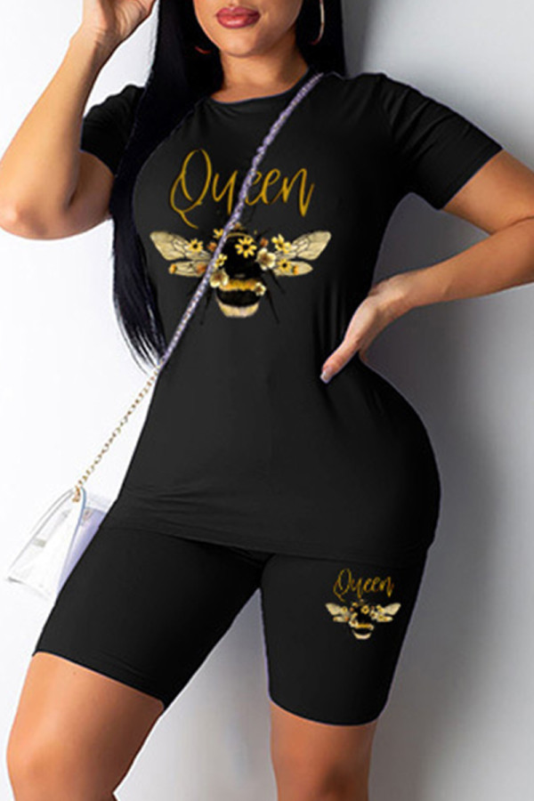 Black Fashion Casual Print Basic O Neck Short Sleeve Two Pieces