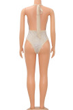 Apricot Sexy Solid Bandage Patchwork Backless Hot Drill Halter Regular Bodysuits