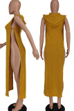 Yellow Sexy Solid Hollowed Out Patchwork Slit Hooded Collar Straight Dresses
