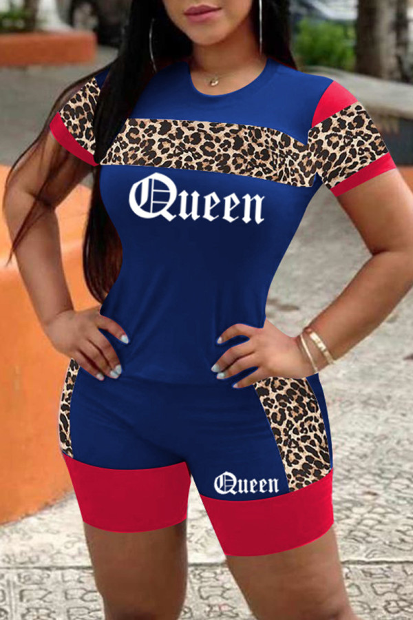 Blue Fashion Casual Letter Print Basic O Neck Short Sleeve Two Pieces