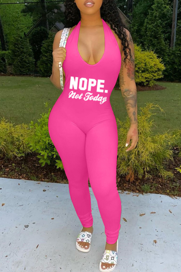 Pink Fashion Casual Letter Print Backless Halter Skinny Jumpsuits
