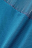 Light Blue Sexy Solid Patchwork See-through Oblique Collar Pencil Skirt Dresses