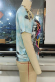 Red Blue Sexy Print Tassel Bandage Patchwork T-Shirts