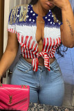 Red Blue Sexy Print Tassel Bandage Patchwork T-Shirts