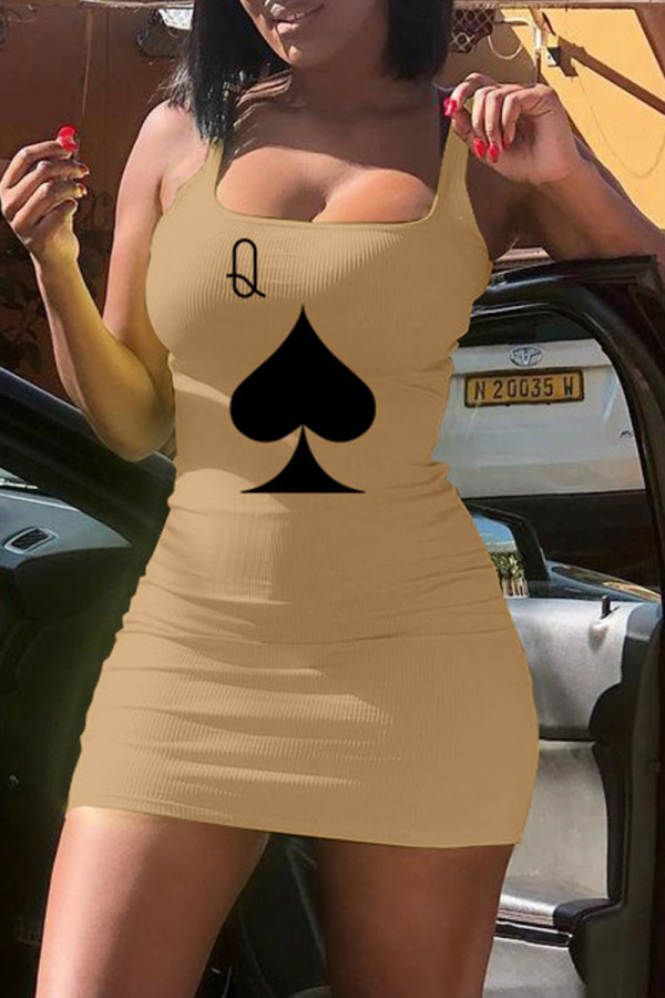 Khaki Fashion Sexy Print Basic Boat Neck Vest Dress