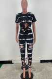 Black Fashion Casual Print Bandage Hollowed Out Patchwork O Neck Short Sleeve Two Pieces