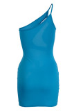 Light Blue Sexy Solid Patchwork See-through Oblique Collar Pencil Skirt Dresses