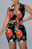 Multicolor Fashion Casual Print Bandage Turndown Collar Sleeveless Two Pieces