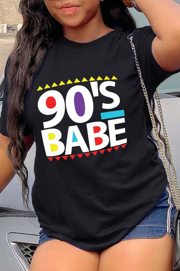 Black Fashion Street Print Letter O Neck T-Shirts